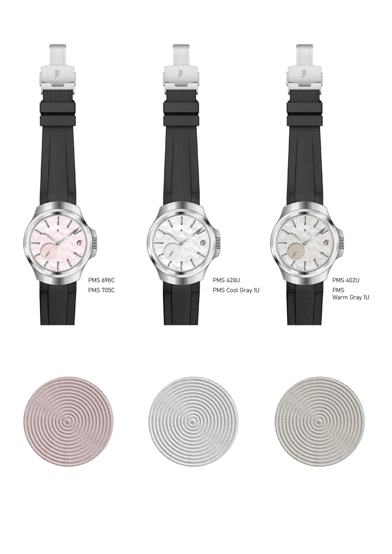 A collection sheet: three colourways with their subdial textures.