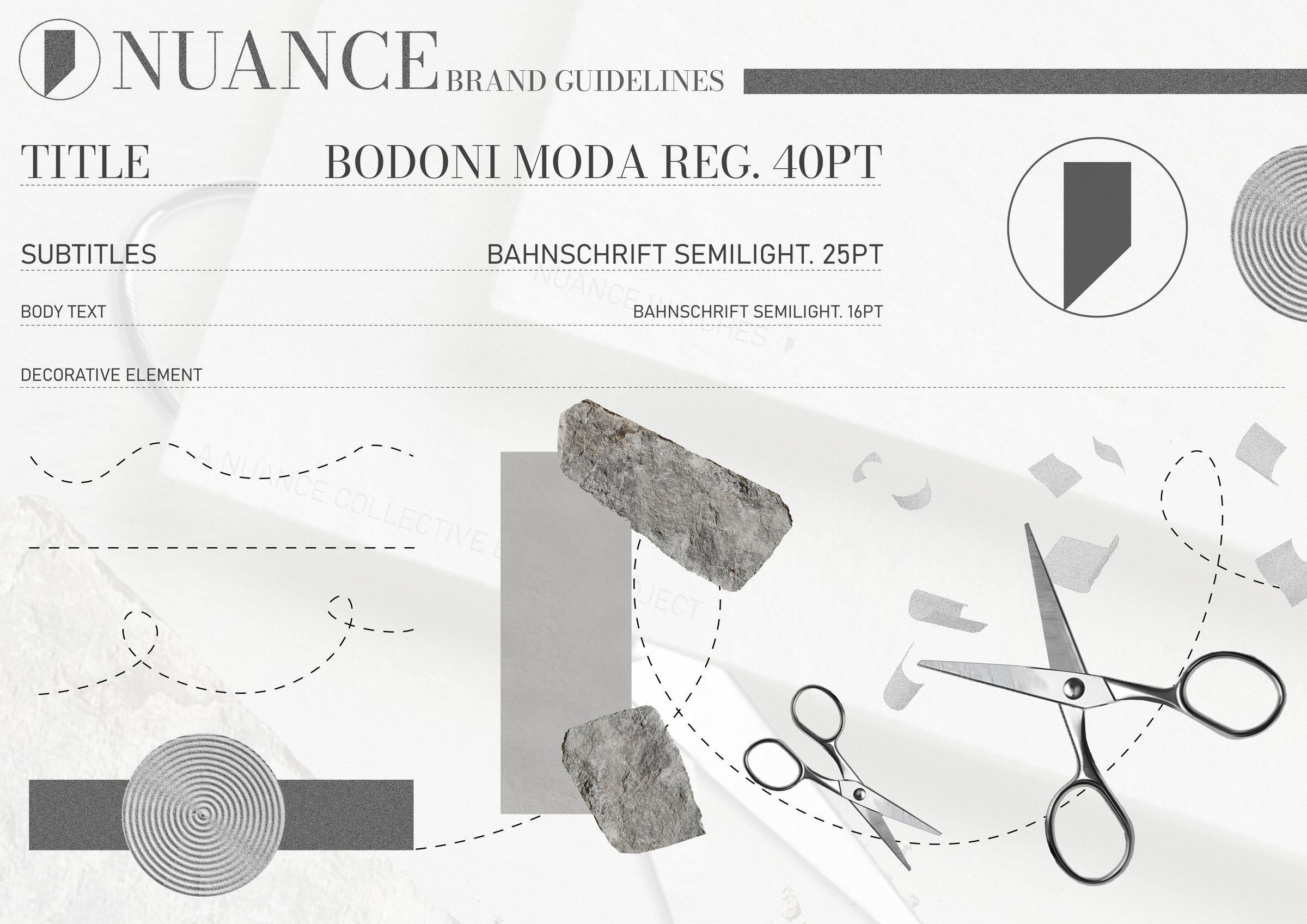 The brand guidelines: type specimens, the mark, and paper, stone and scissors as decorative elements.