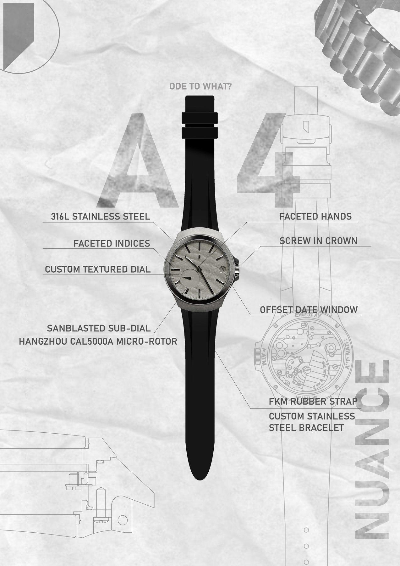 The A4 poster: the watch over a pale technical drawing, its details called out.