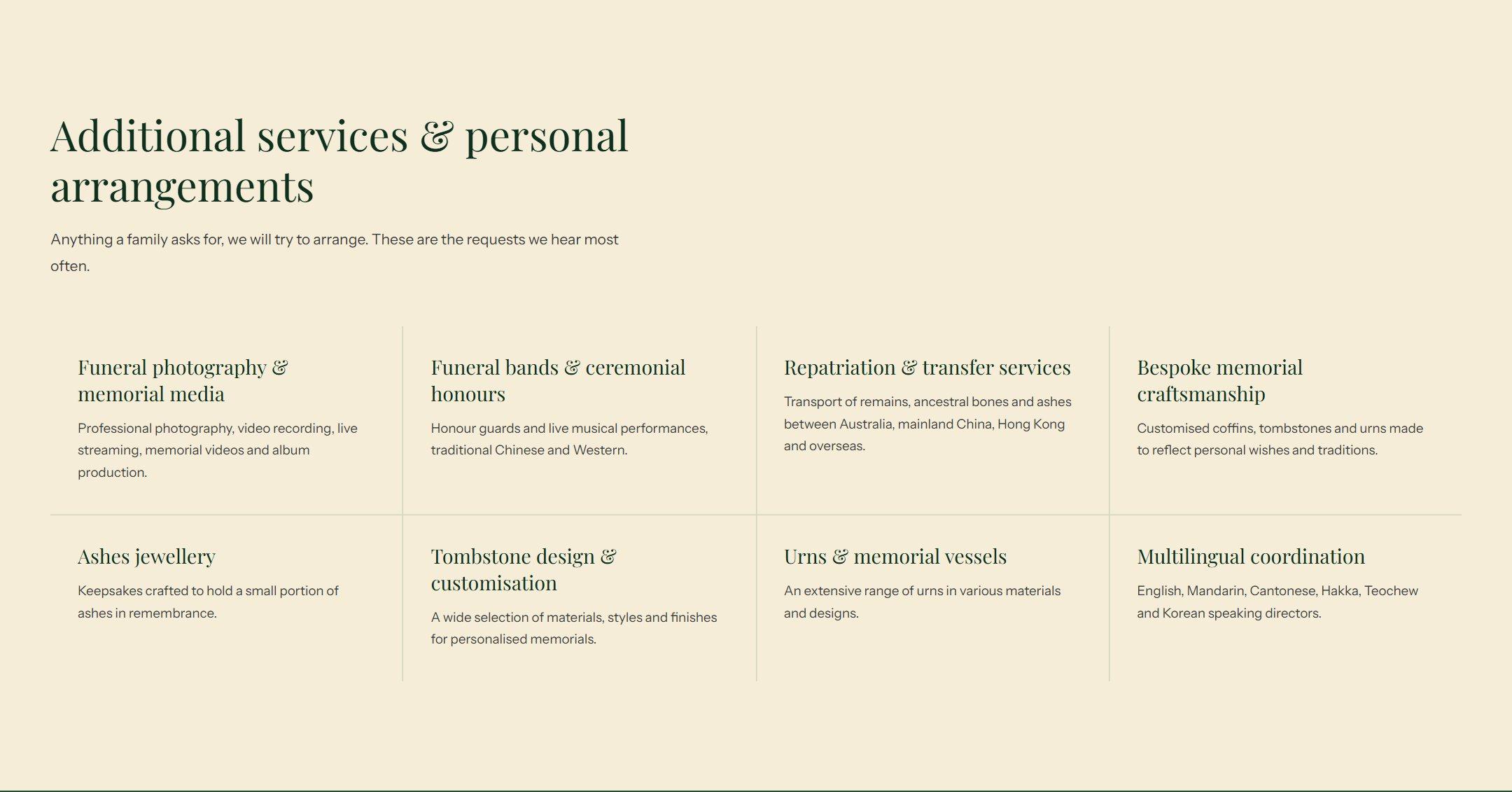 Additional services and personal arrangements, set as a ruled list on cream.