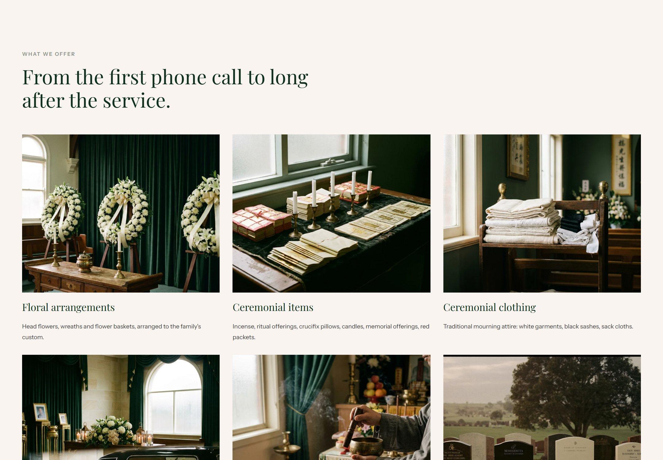 From the first phone call to long after the service: the services as a photographed grid.
