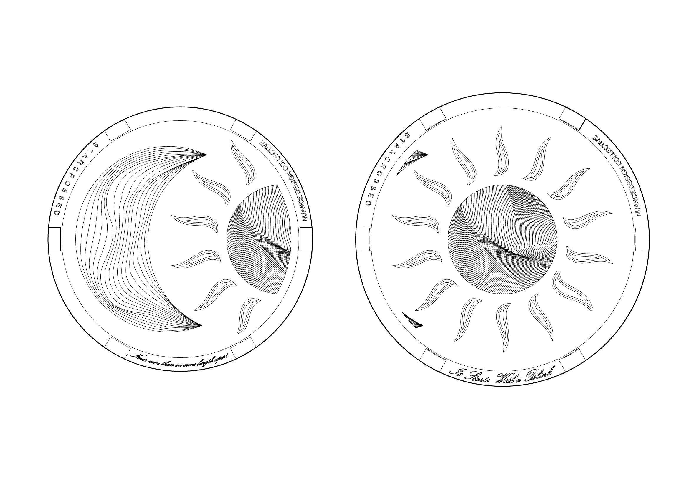 Caseback engraving drawings: a crescent moon and a radiant sun, each with a line of script round the rim.