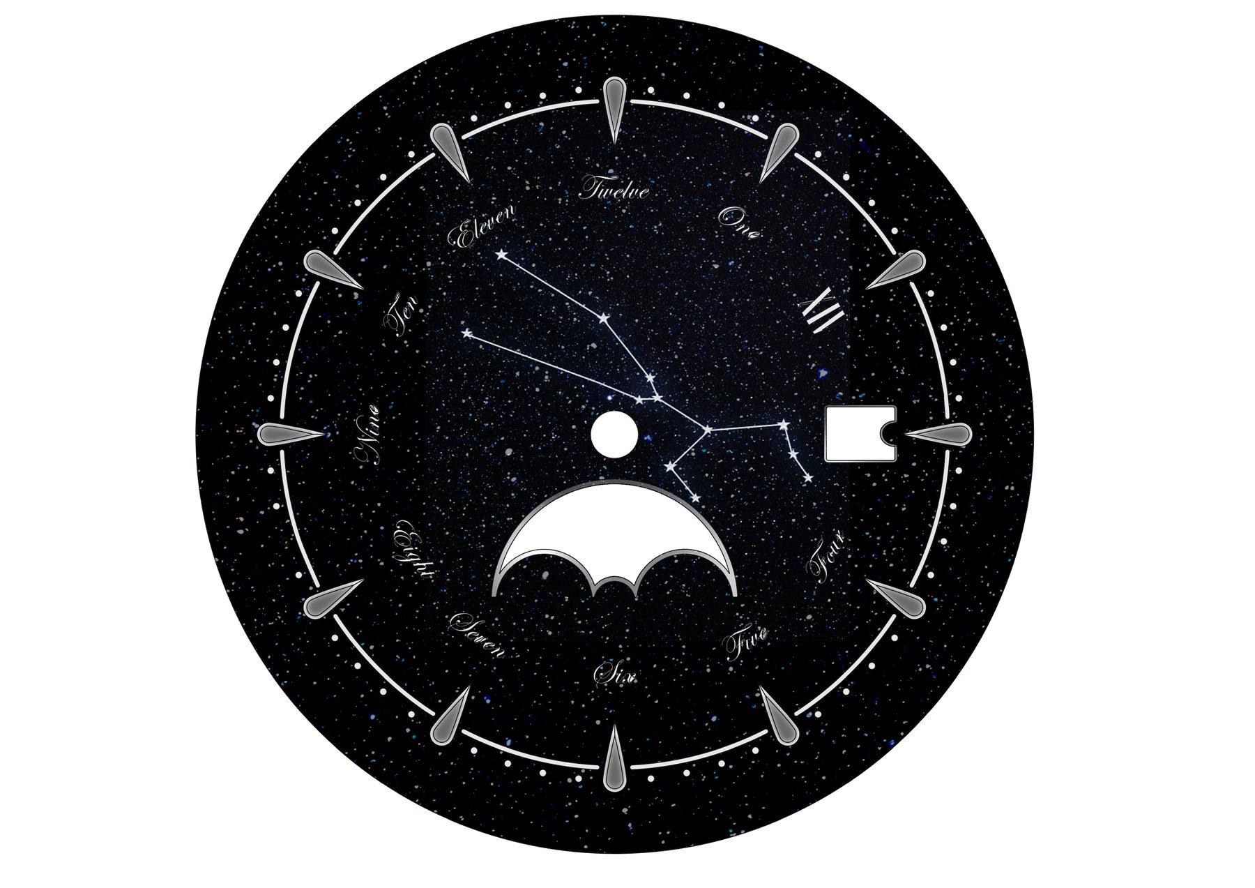 The dial artwork: a constellation over a starfield, script hours and the moonphase aperture.