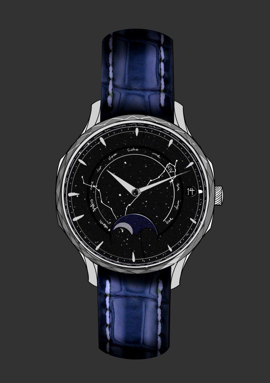 The watch on a deep blue alligator strap.