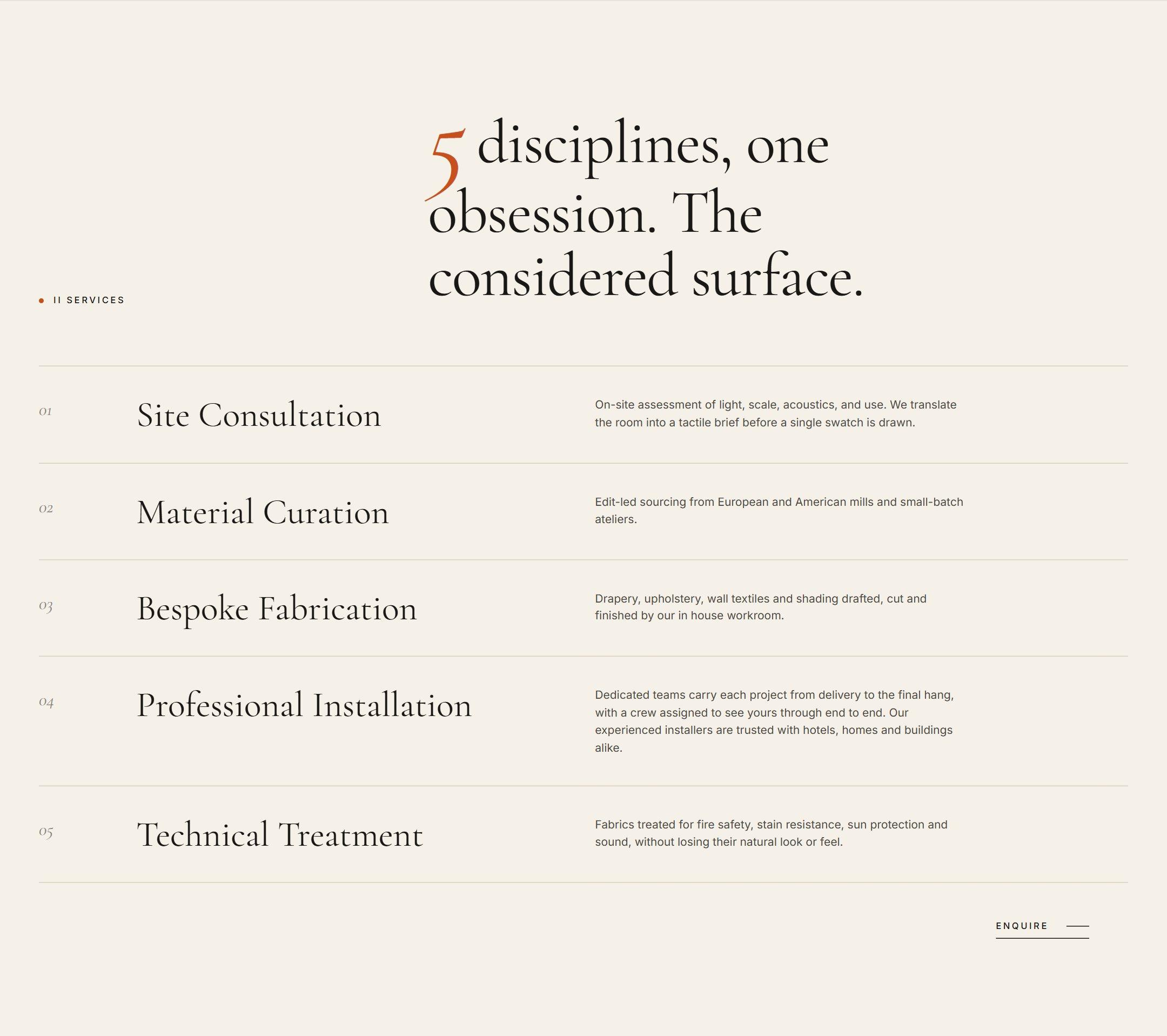 Five disciplines, one obsession: the atelier's services as a numbered, ruled list.