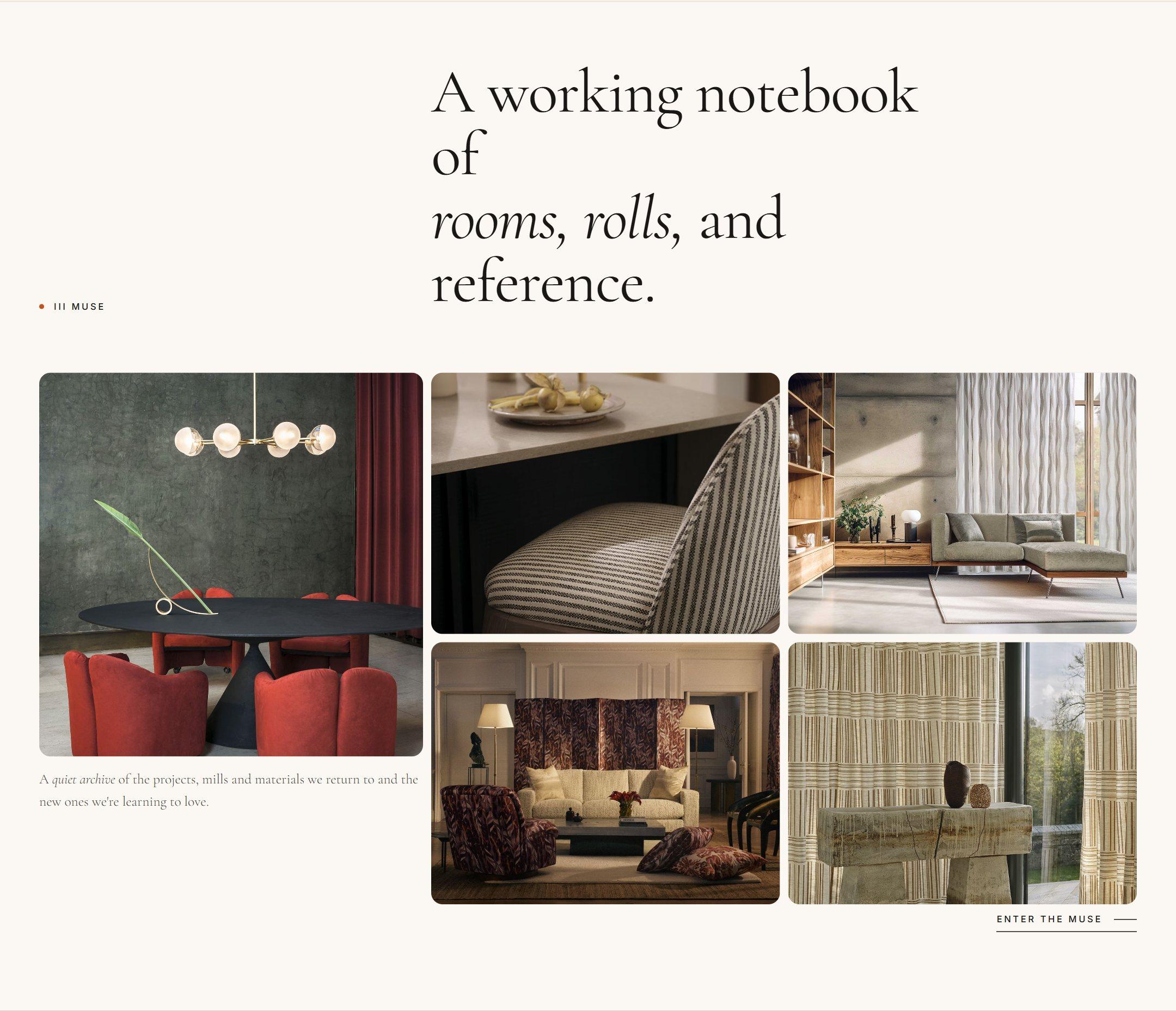 A working notebook of rooms, rolls and reference: a collage of interiors and textiles.