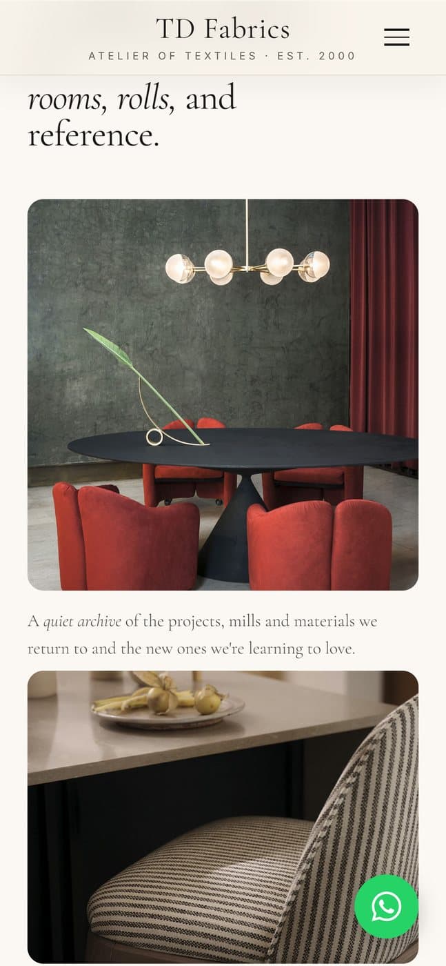 The Muse on a phone: interiors dressed in the atelier's fabrics.